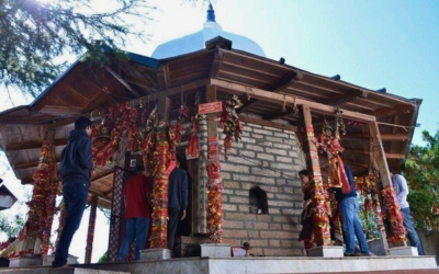 The main structure of the Mukteshwar Dham Temple, a hilltop Hindu temple dedicated to Lord Shiva